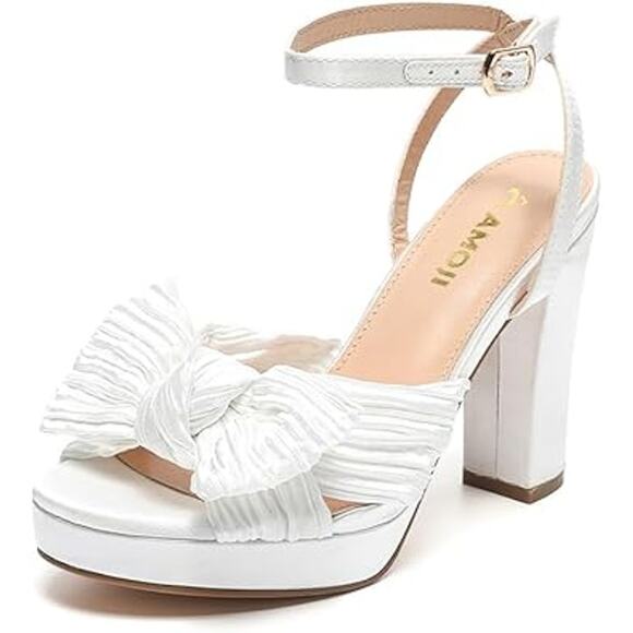 New Amoji Womens Size 5.5 White Chunky 4" Platform Heels Bow Wedding Sandals - Picture 1 of 6